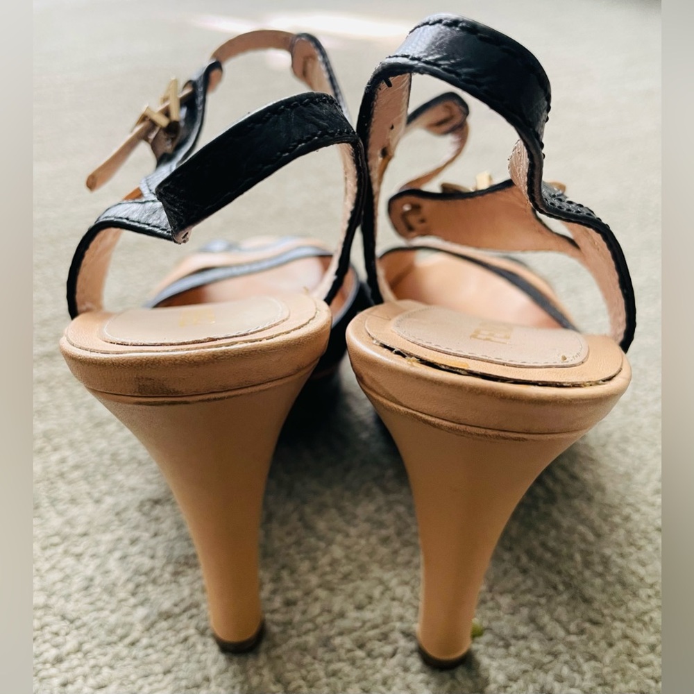 FENDI Black / Cream Leather Heels With Cut - Out FENDI Logo Detail & Dust Bag - Picture 11 of 13